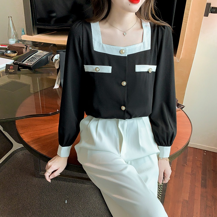 Long sleeve retro chiffon square collar mixed colors tops
