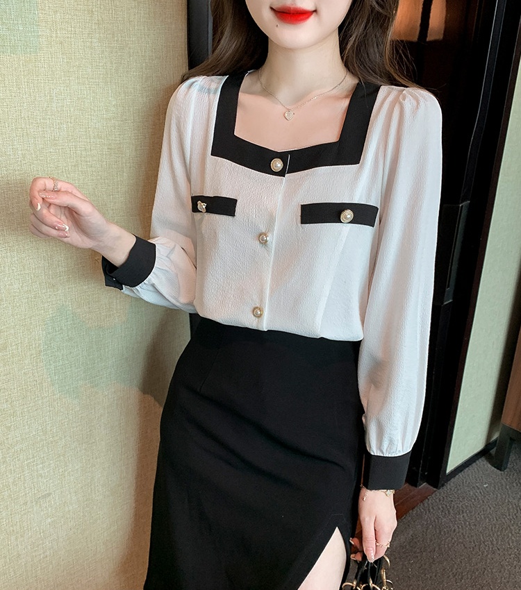 Long sleeve retro chiffon square collar mixed colors tops