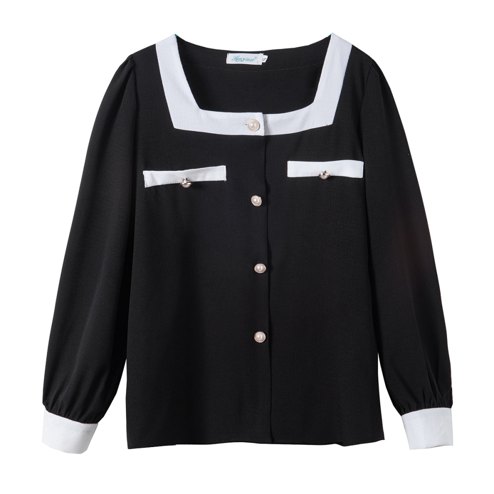Long sleeve retro chiffon square collar mixed colors tops