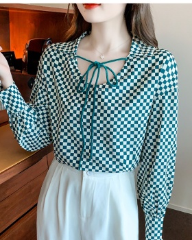 Chessboard long sleeve shirt niche retro chiffon shirt for women