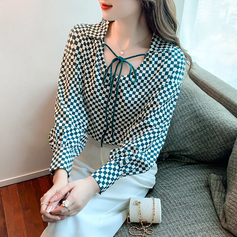 Chessboard long sleeve shirt niche retro chiffon shirt for women