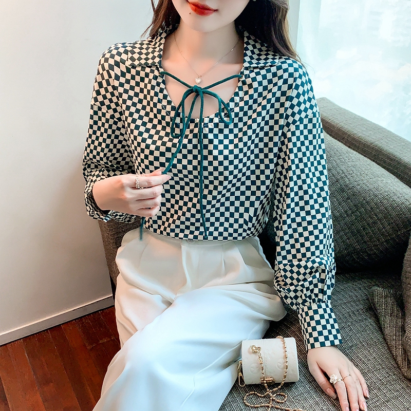 Chessboard long sleeve shirt niche retro chiffon shirt for women