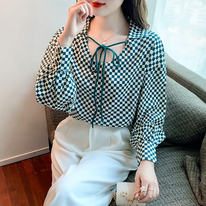 Chessboard long sleeve shirt niche retro chiffon shirt for women