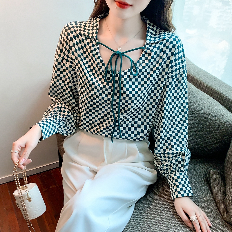 Chessboard long sleeve shirt niche retro chiffon shirt for women