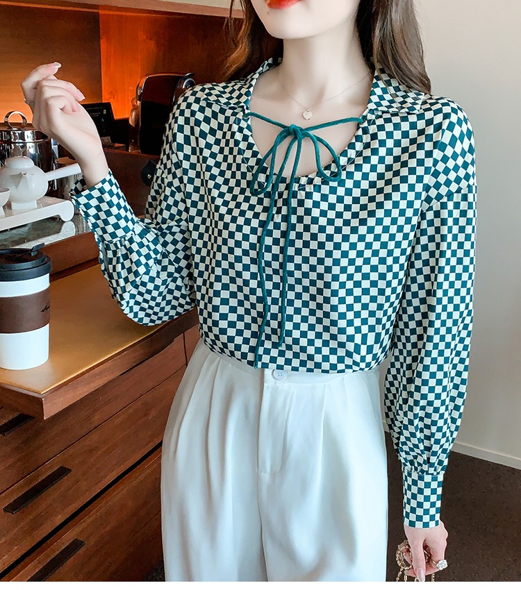 Chessboard long sleeve shirt niche retro chiffon shirt for women