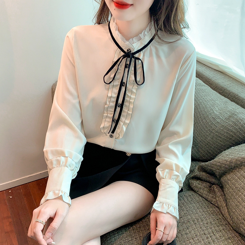 Bow long sleeve tops autumn unique shirt for women