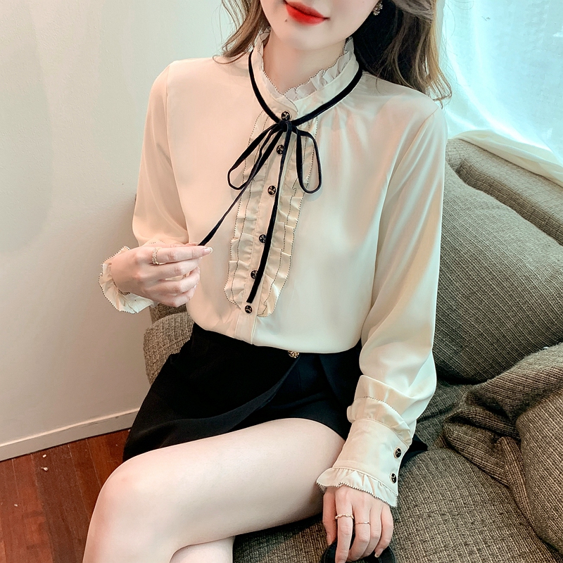 Bow long sleeve tops autumn unique shirt for women