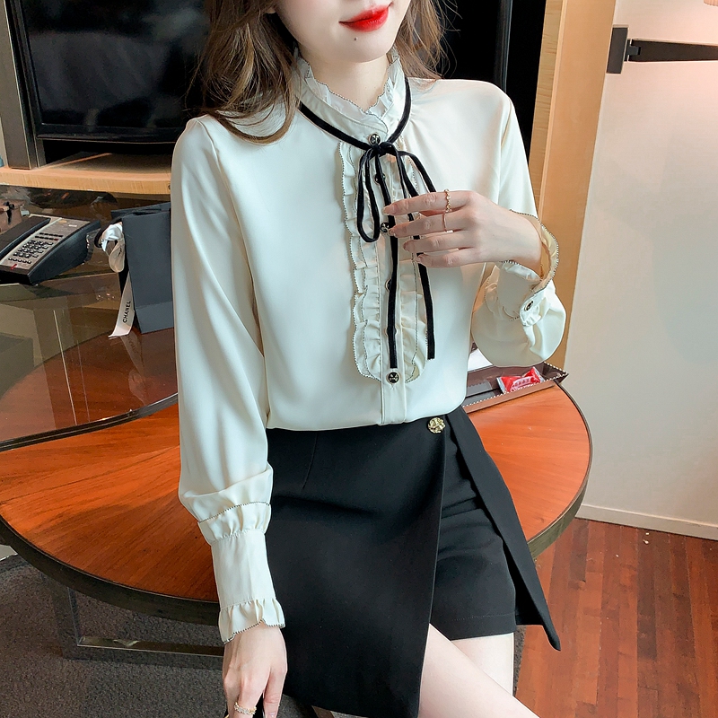 Bow long sleeve tops autumn unique shirt for women