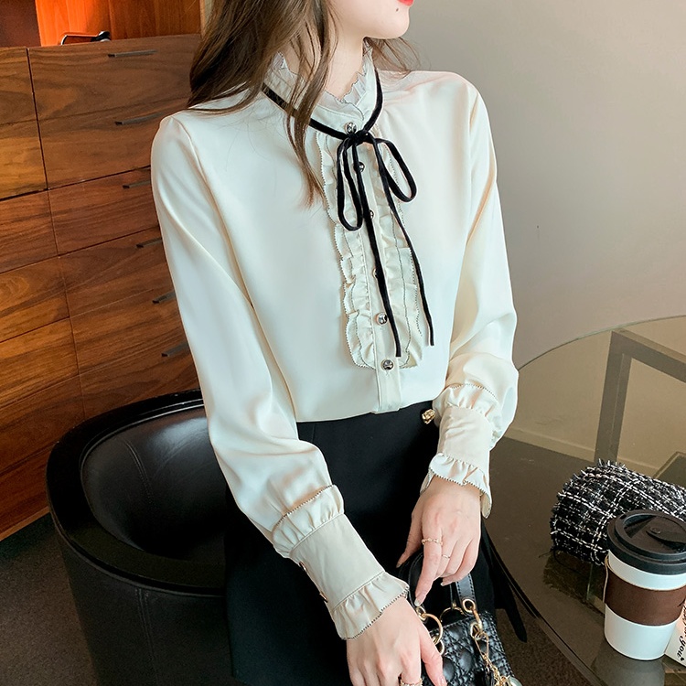 Bow long sleeve tops autumn unique shirt for women
