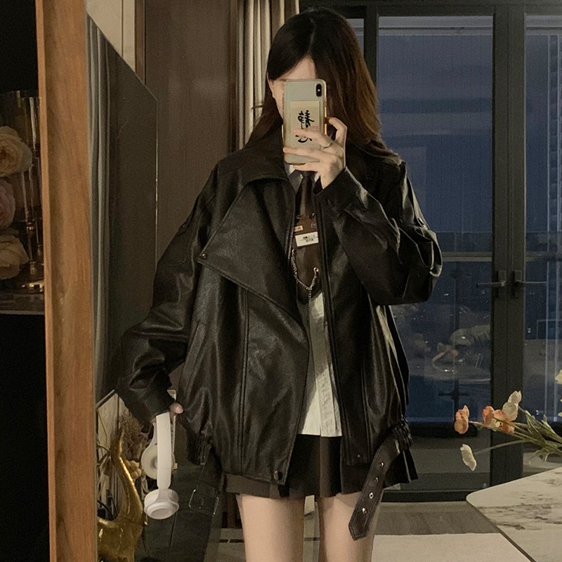 Retro PU jacket double collar locomotive coat