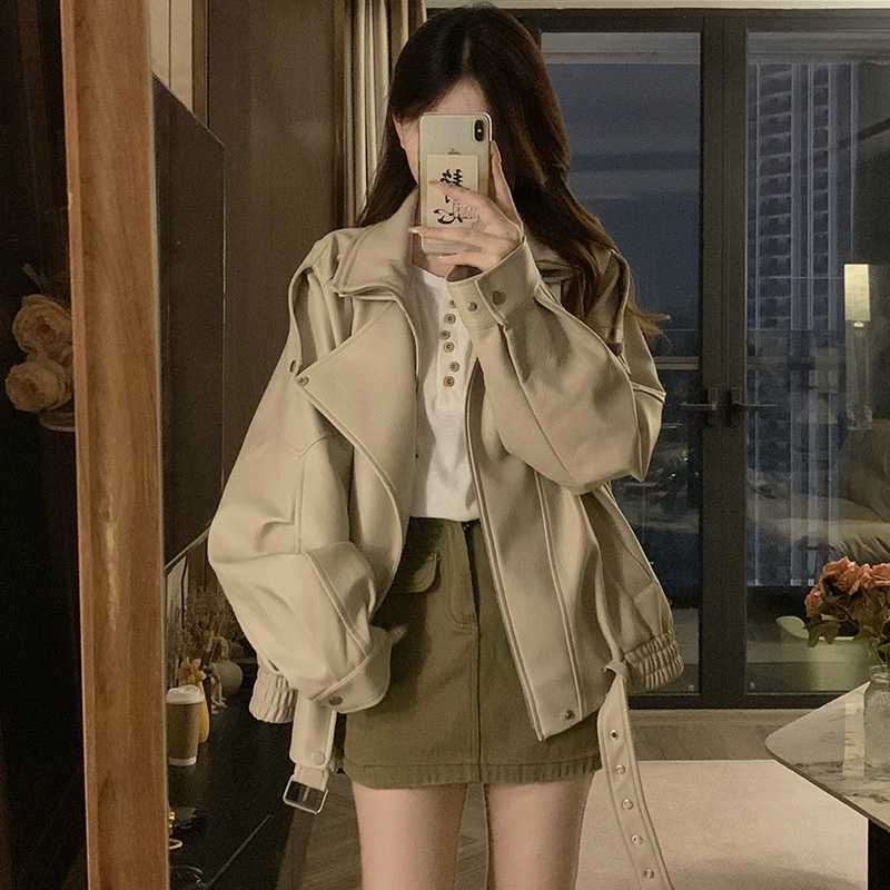 Retro PU jacket double collar locomotive coat