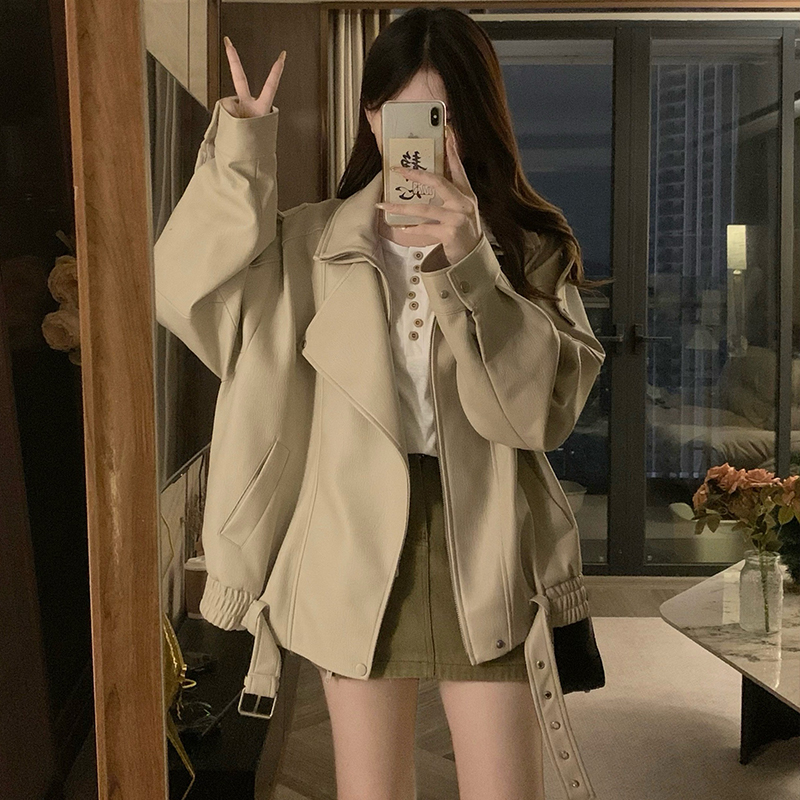 Retro PU jacket double collar locomotive coat