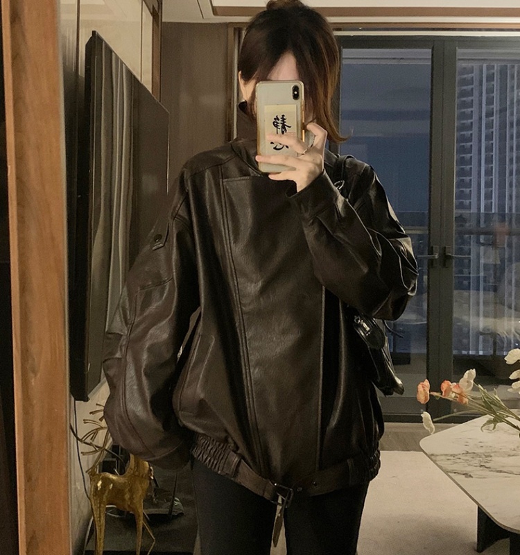 Retro PU jacket double collar locomotive coat