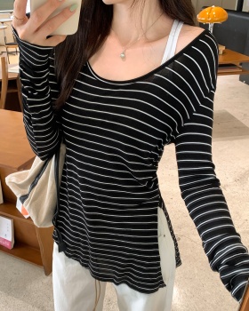 U-neck stripe tops unique wool T-shirt for women