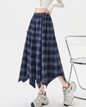 Plaid A-line skirt irregular autumn long dress for women