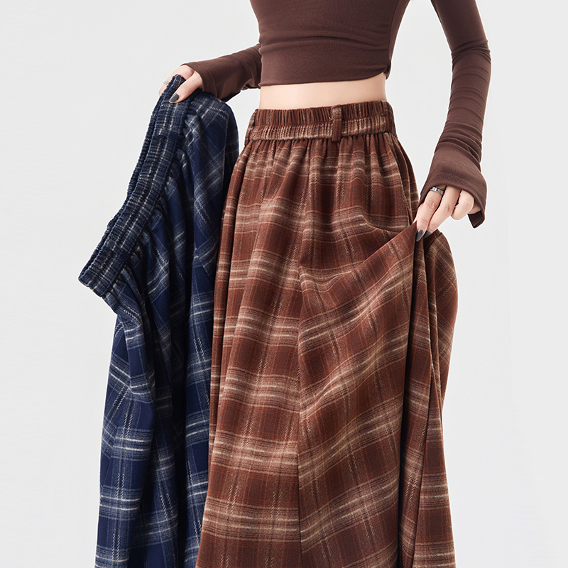 Plaid A-line skirt irregular autumn long dress for women