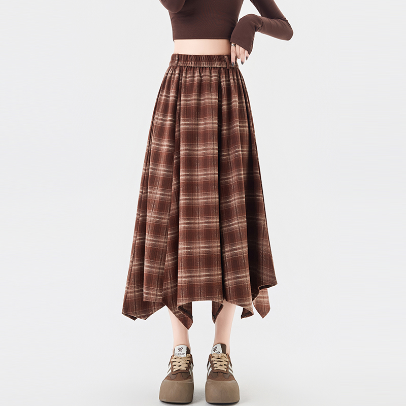 Plaid A-line skirt irregular autumn long dress for women