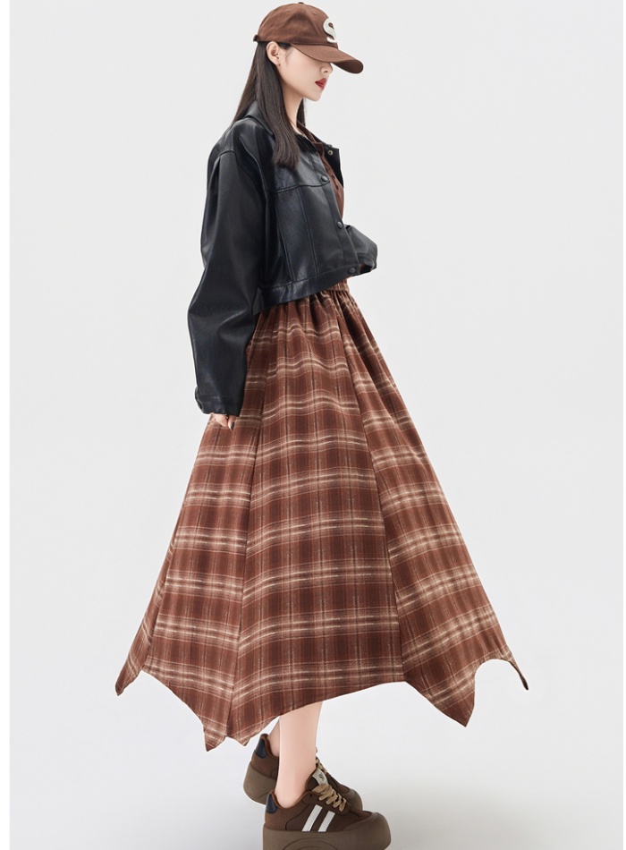 Plaid A-line skirt irregular autumn long dress for women