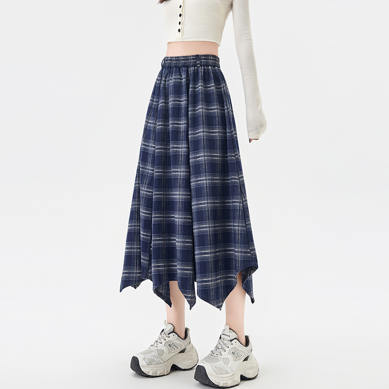 Plaid A-line skirt irregular autumn long dress for women