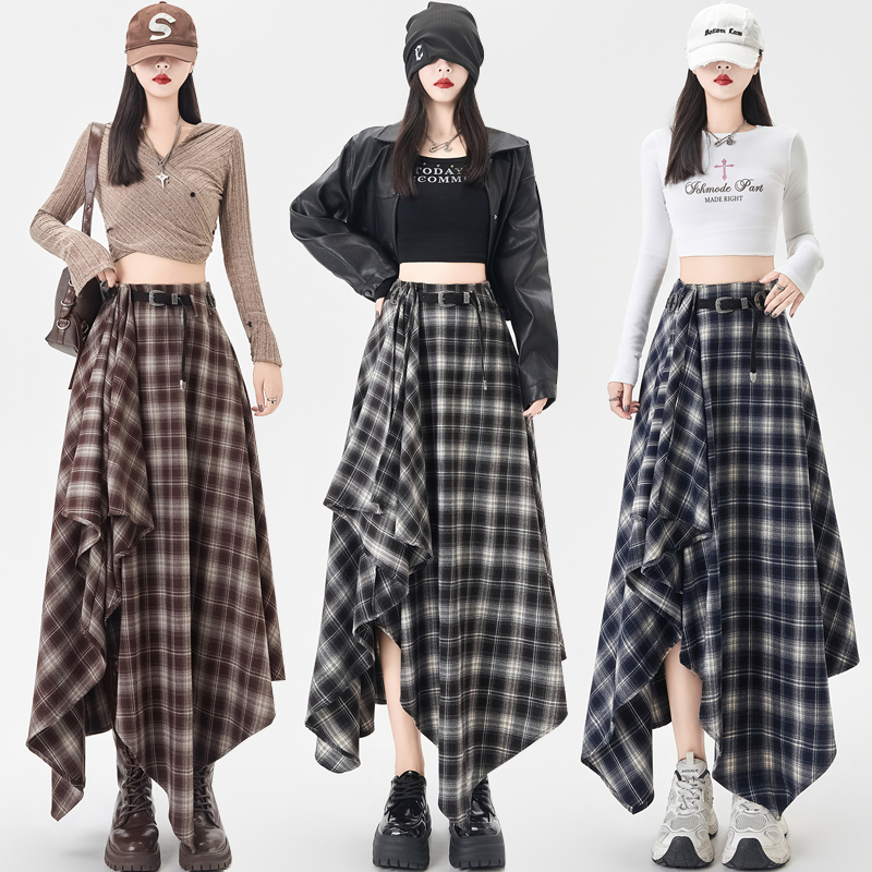 High waist retro skirt slim plaid long dress for women