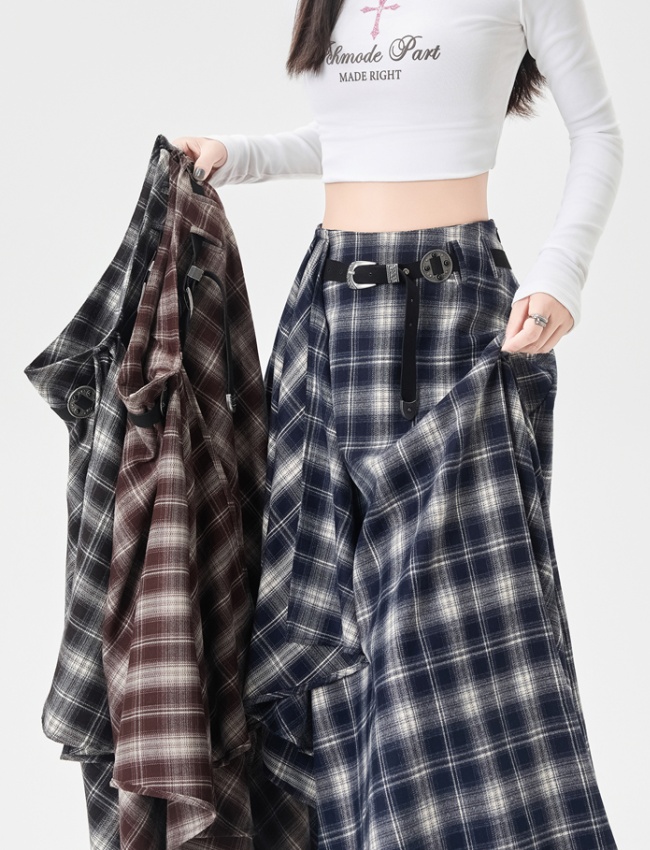 High waist retro skirt slim plaid long dress for women