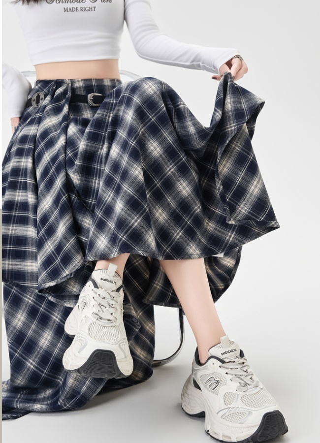 High waist retro skirt slim plaid long dress for women