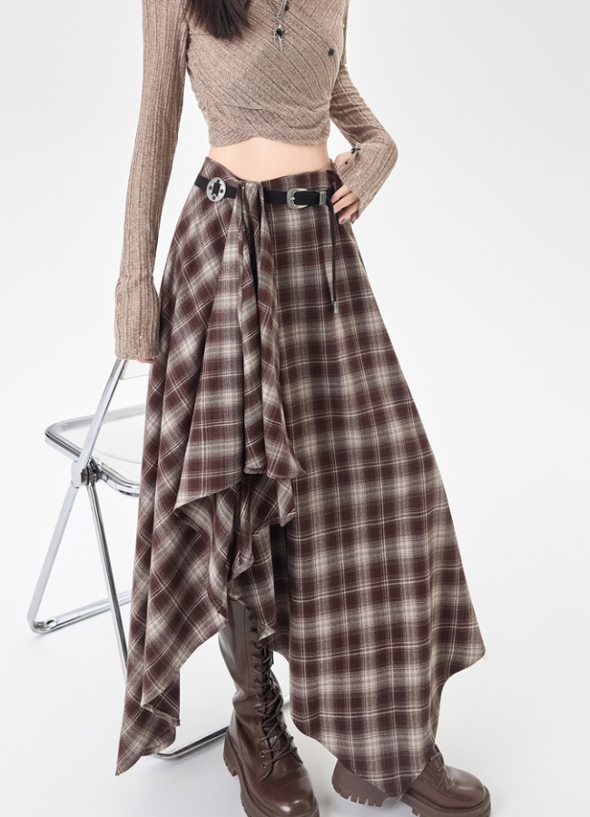 High waist retro skirt slim plaid long dress for women