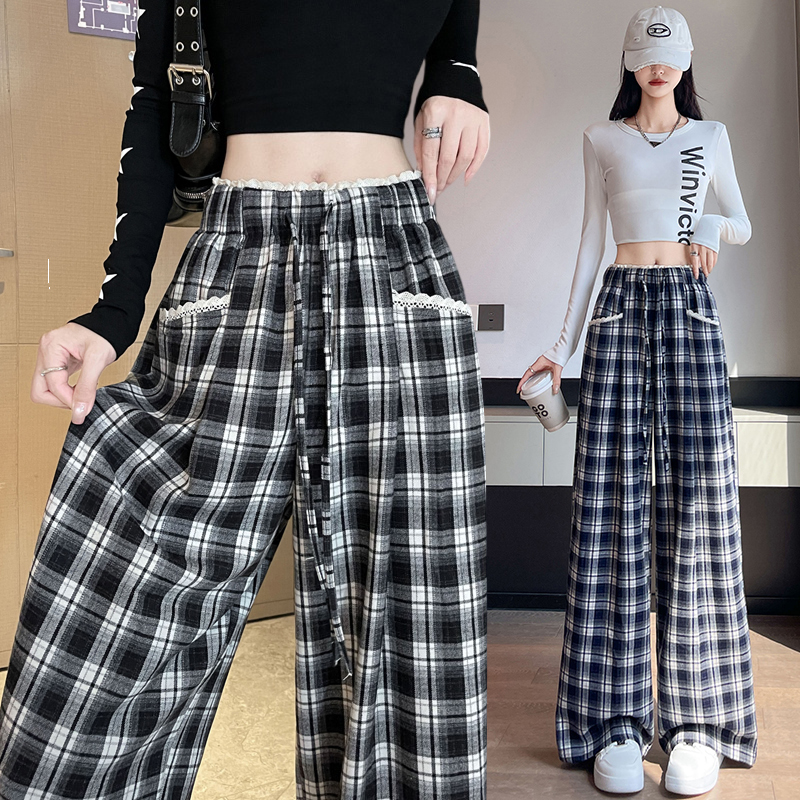 Autumn straight wide leg pants lazy plaid pants for women