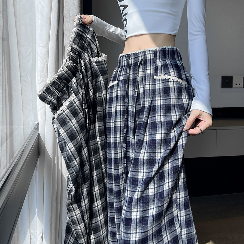 Autumn straight wide leg pants lazy plaid pants for women
