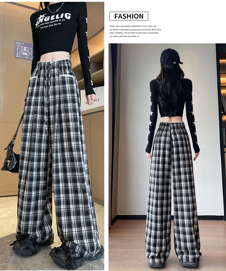 Autumn straight wide leg pants lazy plaid pants for women