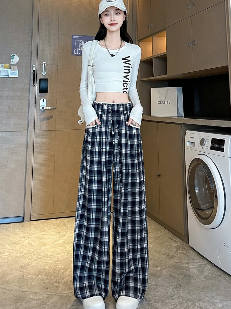 Autumn straight wide leg pants lazy plaid pants for women
