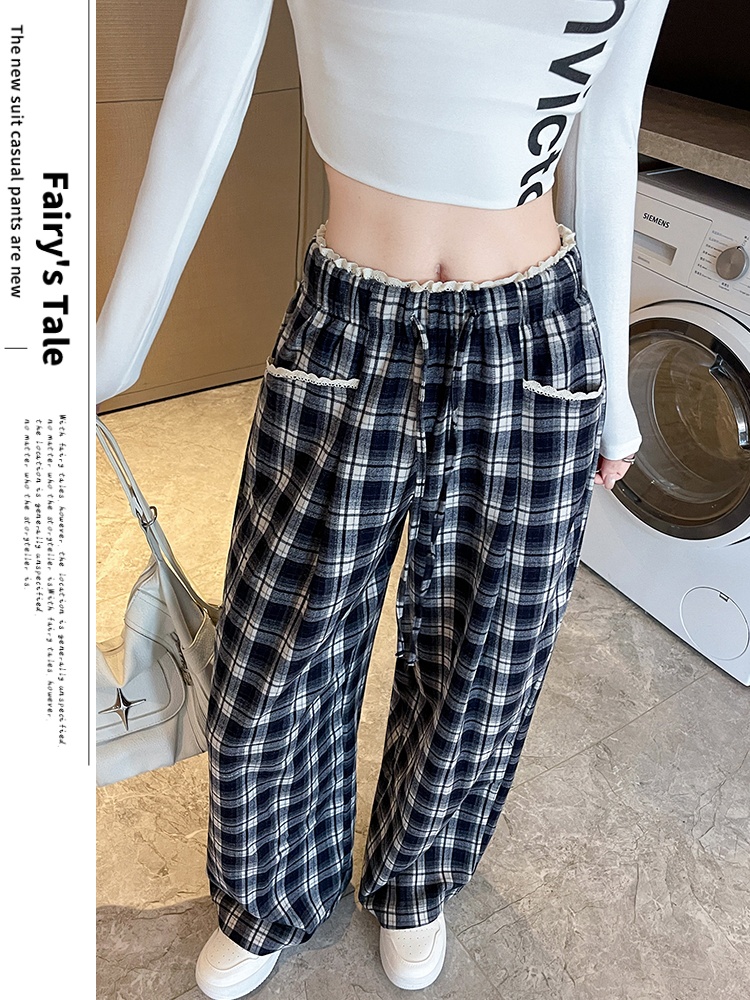 Autumn straight wide leg pants lazy plaid pants for women