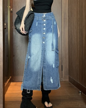 Denim split long dress loose retro work clothing