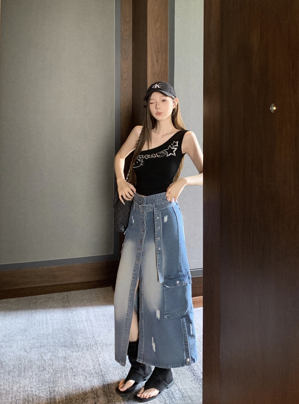 Denim split long dress loose retro work clothing