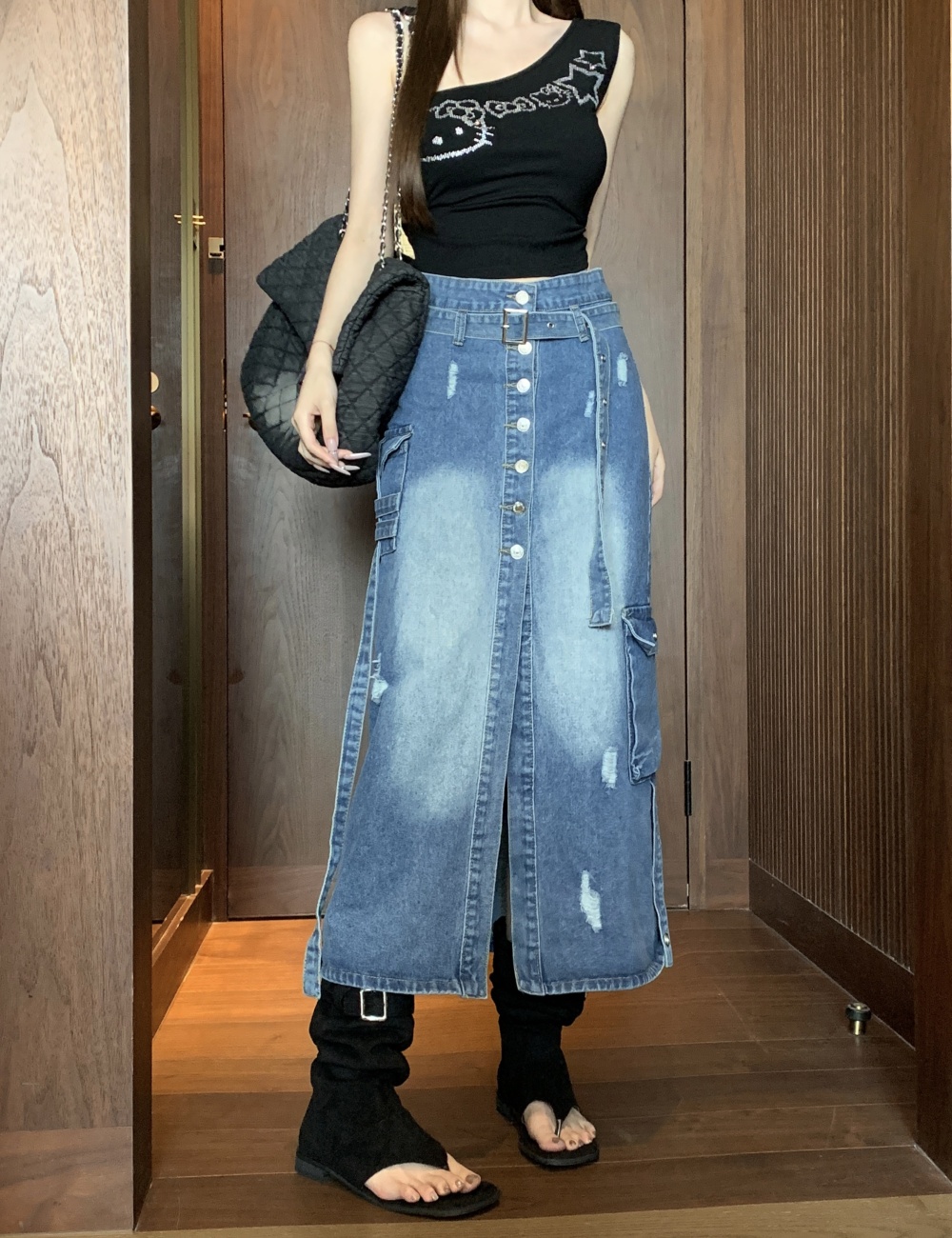 Denim split long dress loose retro work clothing