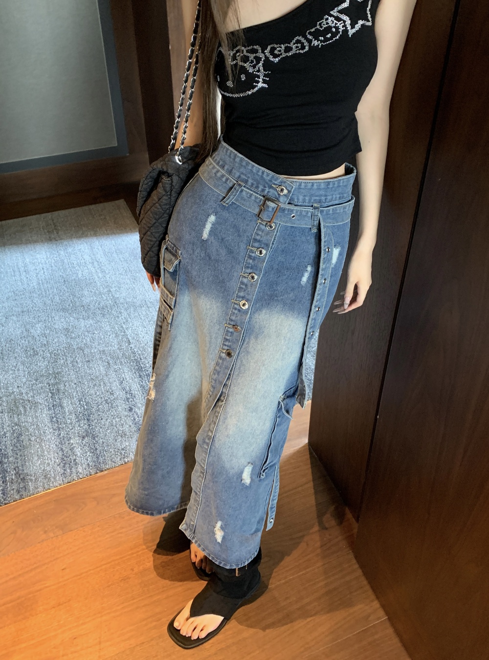 Denim split long dress loose retro work clothing