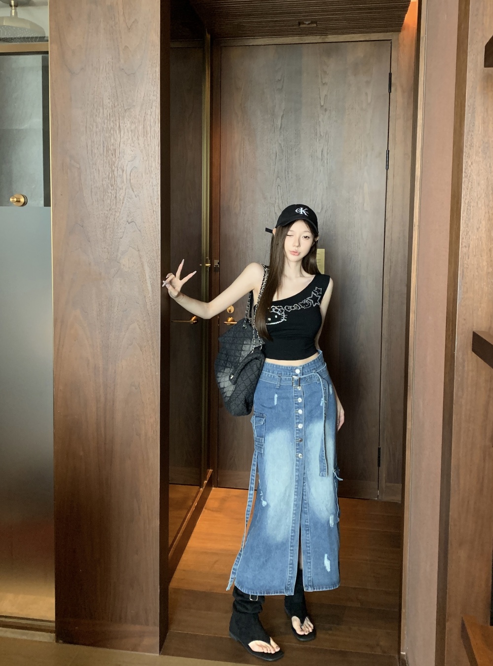 Denim split long dress loose retro work clothing