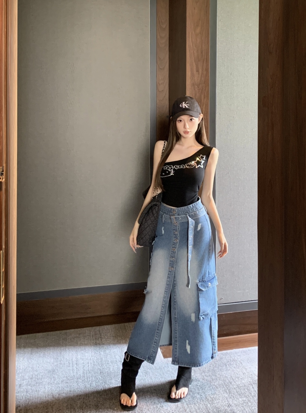 Denim split long dress loose retro work clothing