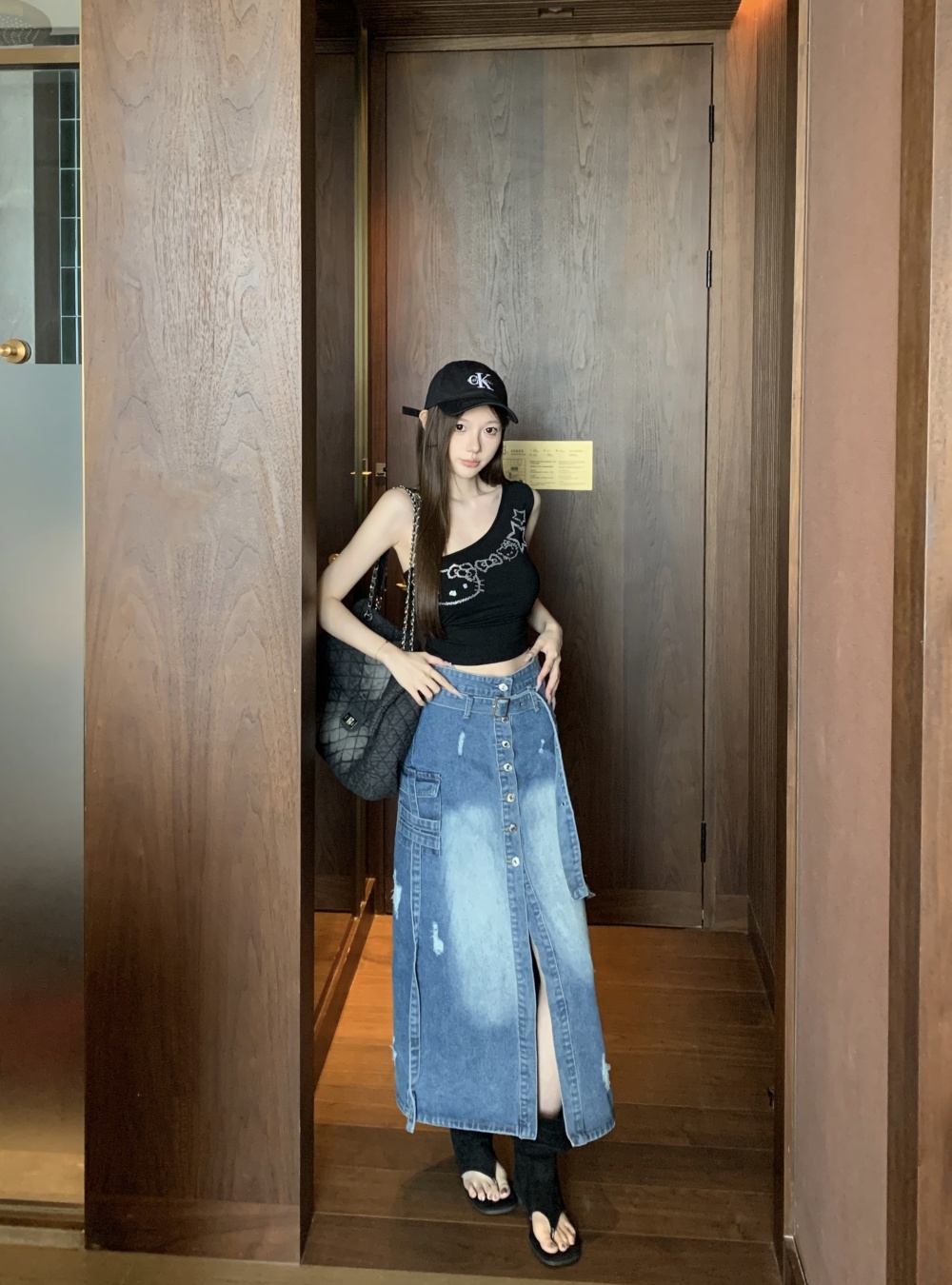 Denim split long dress loose retro work clothing