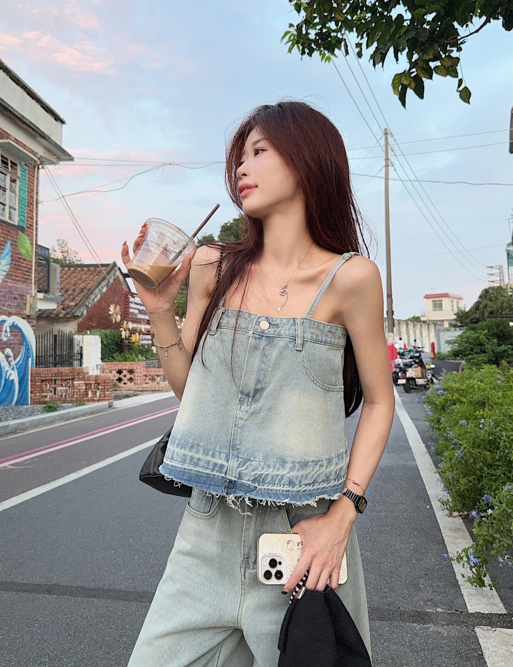 Temperament show young pants medium waist tops a set