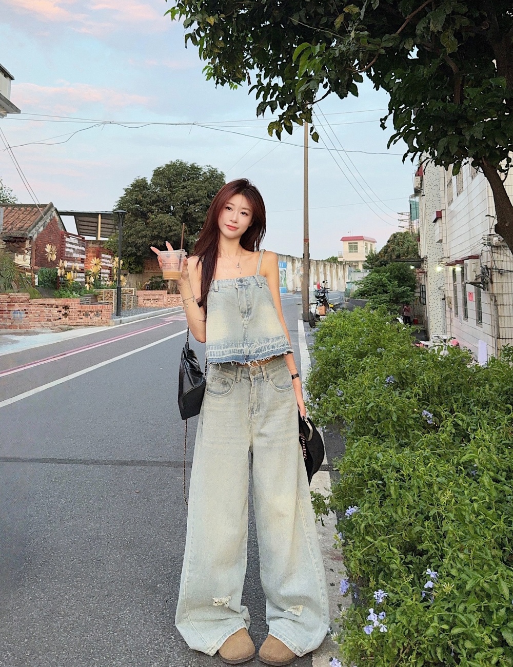 Temperament show young pants medium waist tops a set