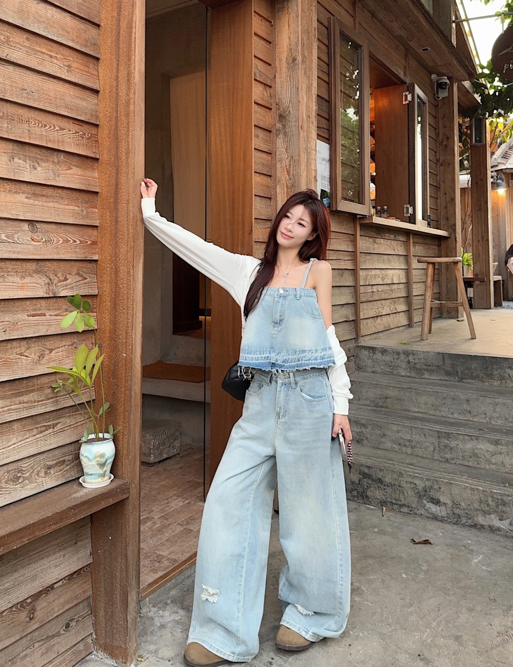 Temperament show young pants medium waist tops a set