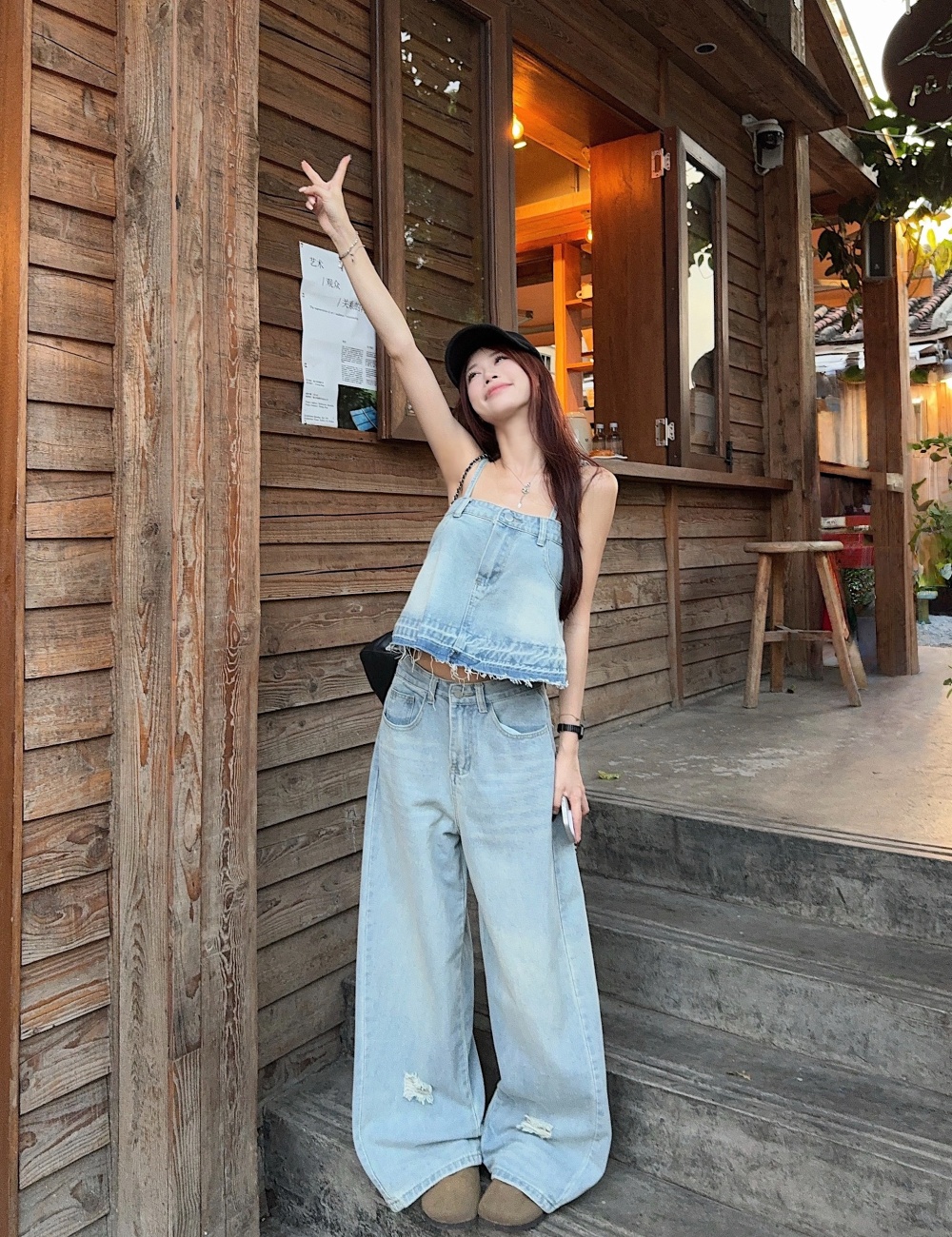 Temperament show young pants medium waist tops a set