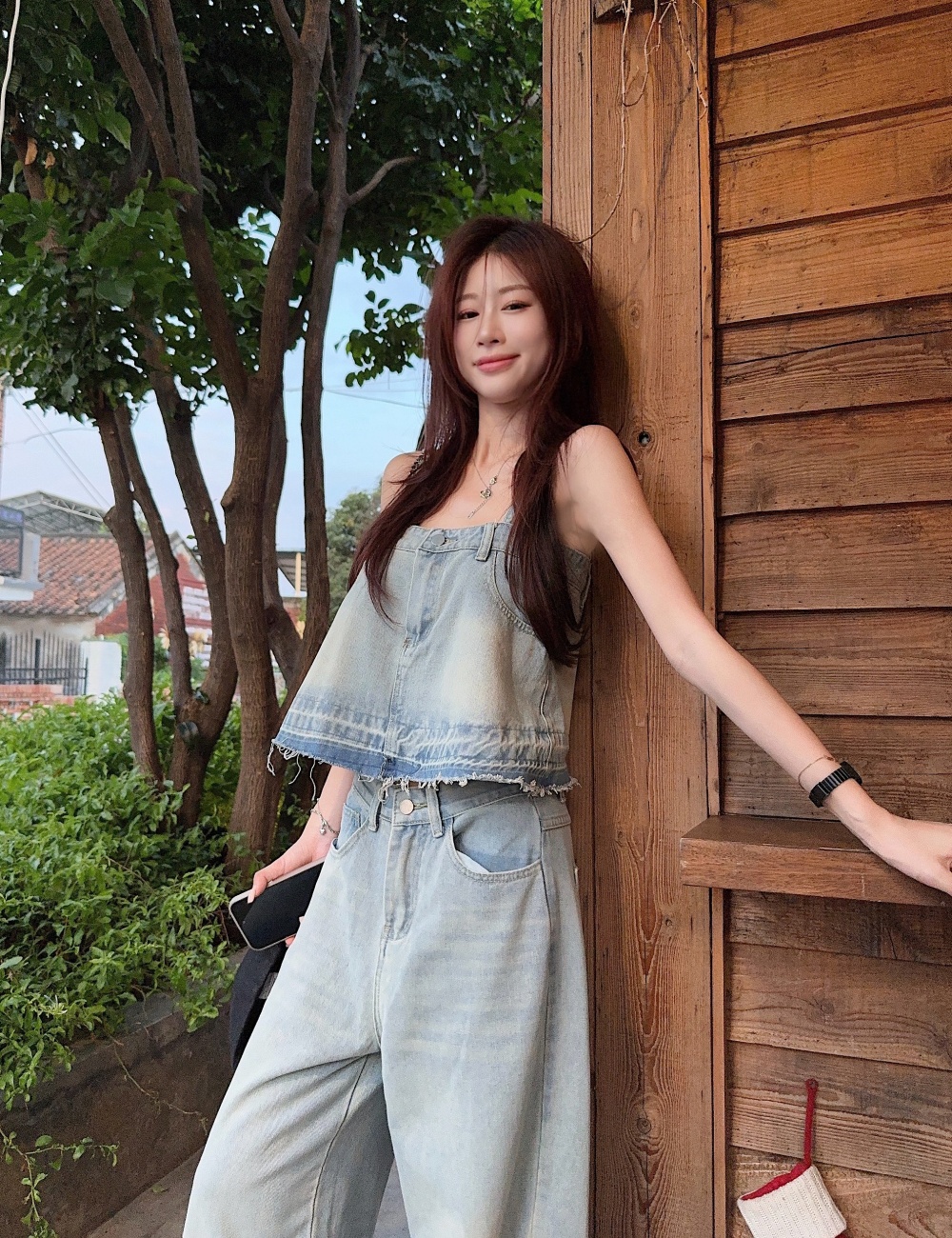 Temperament show young pants medium waist tops a set