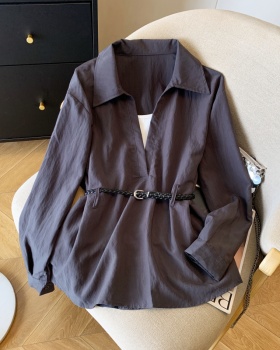 Long sleeve belt simple tops 3pcs set for women