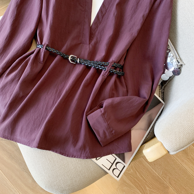 Long sleeve belt simple tops 3pcs set for women
