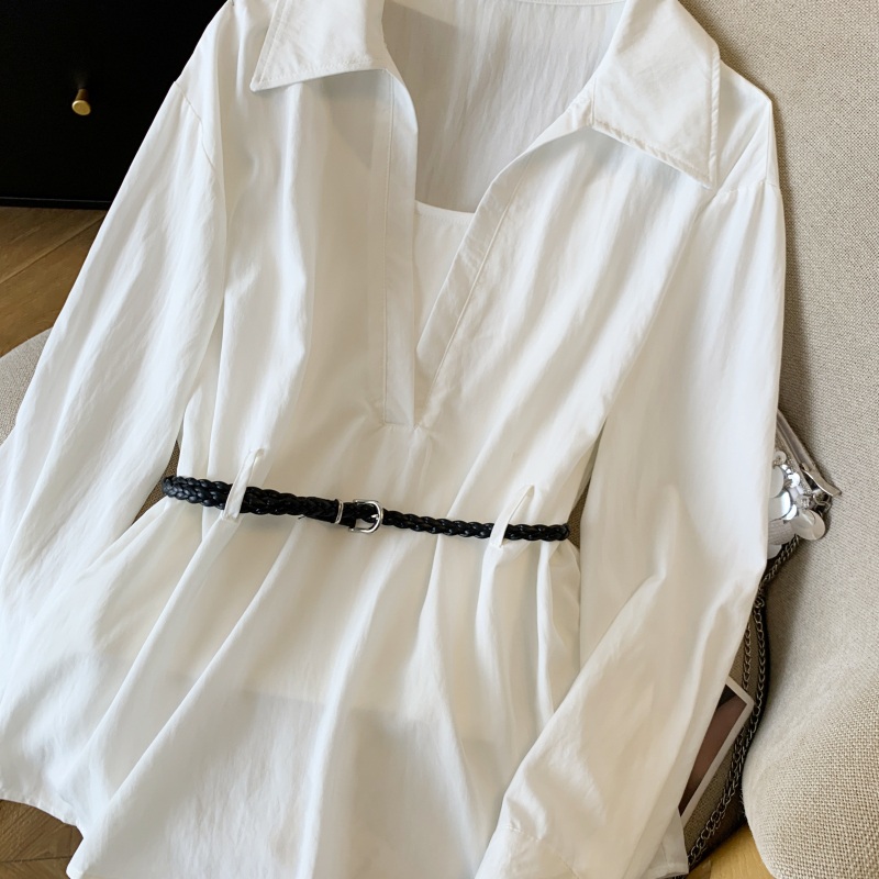 Long sleeve belt simple tops 3pcs set for women
