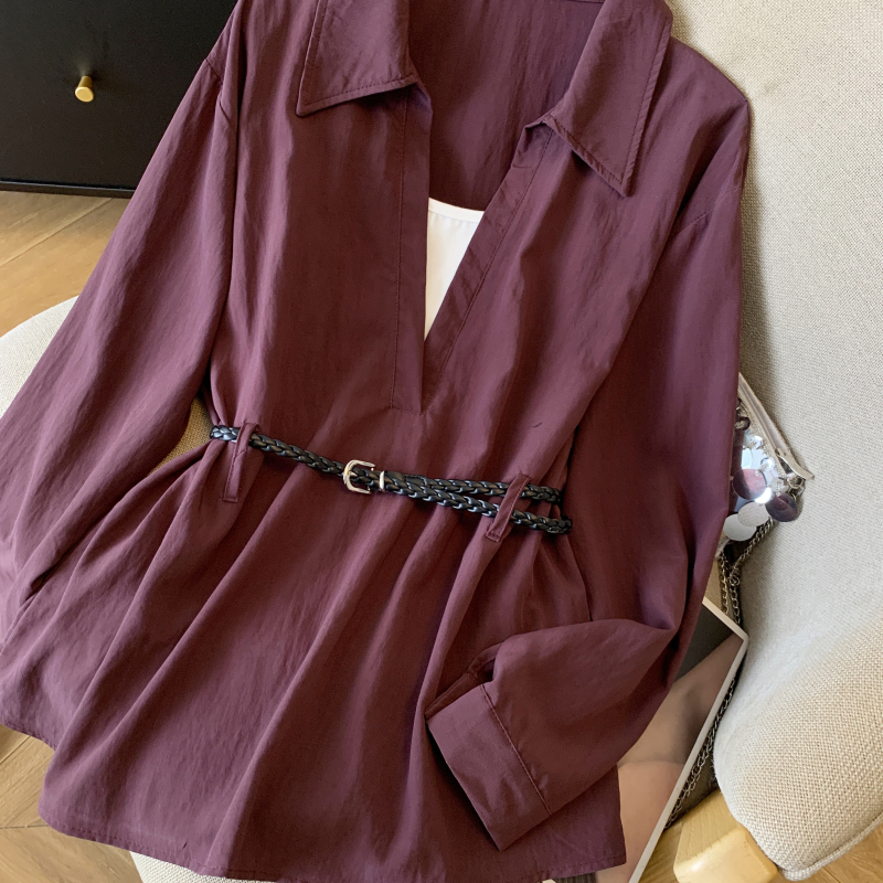 Long sleeve belt simple tops 3pcs set for women