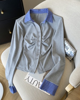Knitted plaid tops all-match T-shirt for women