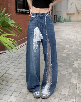 Splice rhinestone jeans lace washed wide leg pants